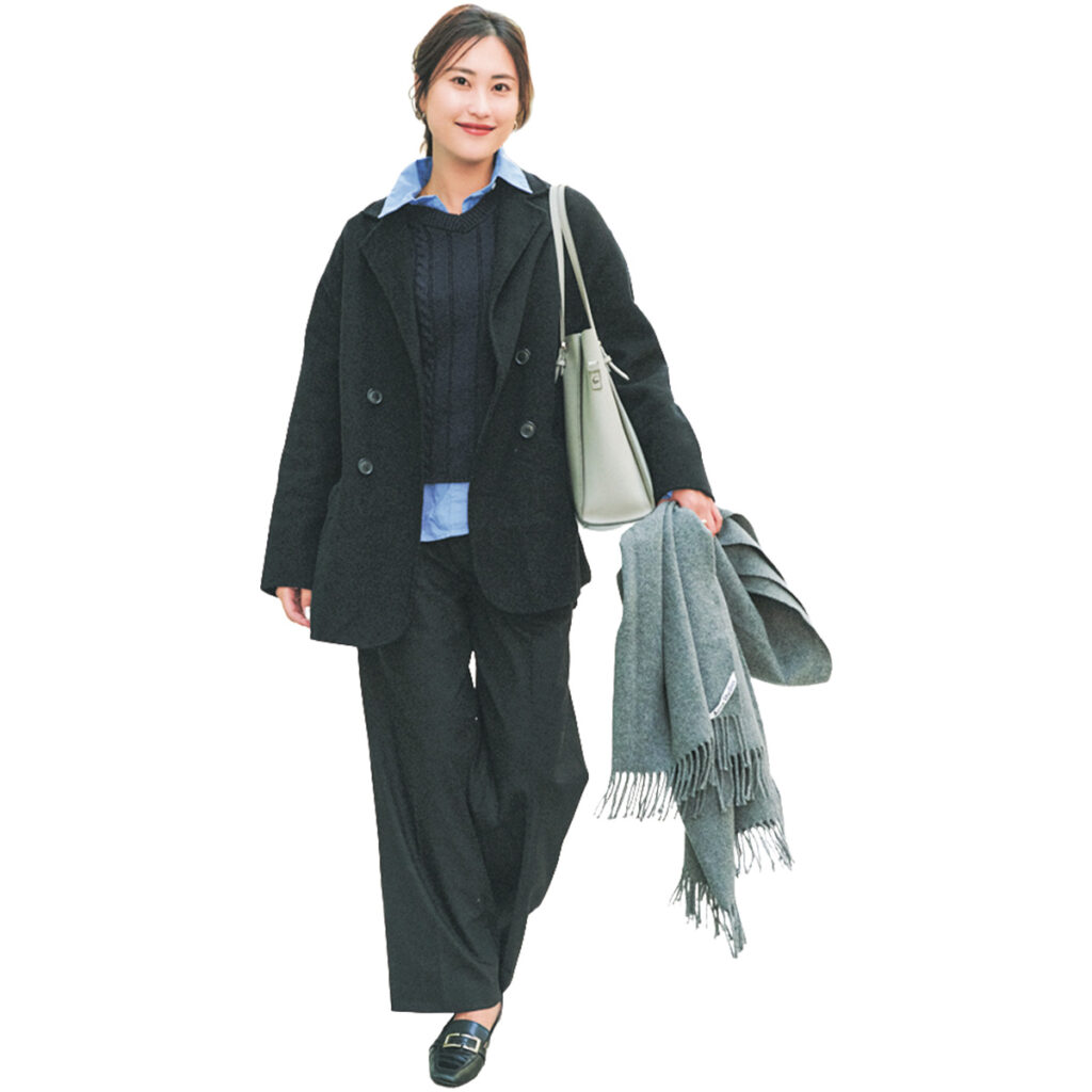 ニットとシャツのレイヤードにショートピーコートのコーデ