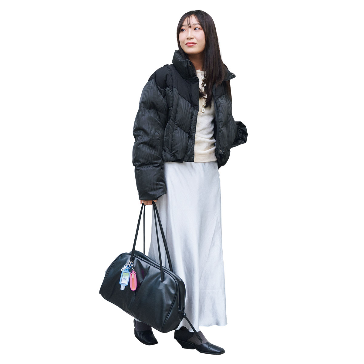 木目柄デザインのダウンのコーデ