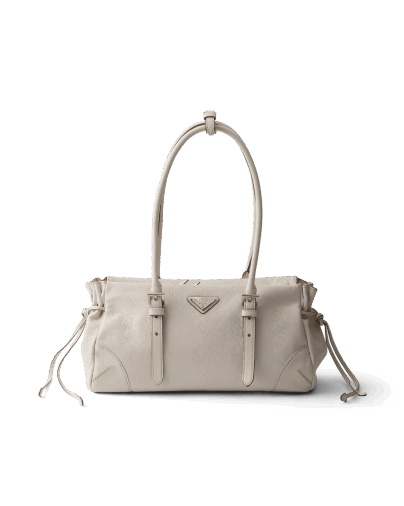 プラダ ボニー アンティーク加工レザー ミディアム トートバッグ。ホワイトレザーのダブルハンドル仕様