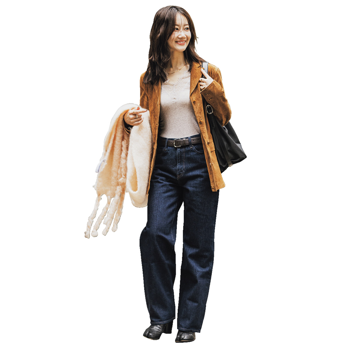 スエードのヴィンテージジャケットとデニムパンツのコーデ