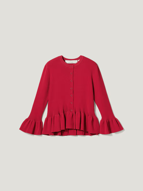 裾がフリルの赤色カーディガン