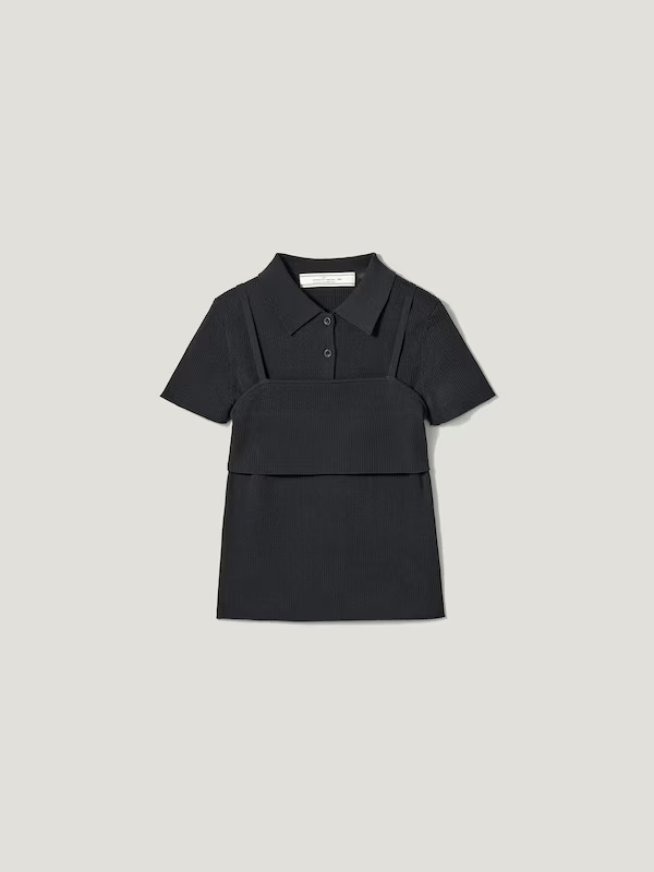 ビスチェ付きのブラックのリブニットポロシャツ