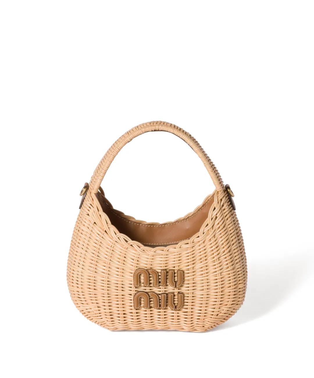 ブラウンレザーのMIU MIUロゴがアクセントになったミュウミュウのワンダー ウィッカー ハンドバッグ